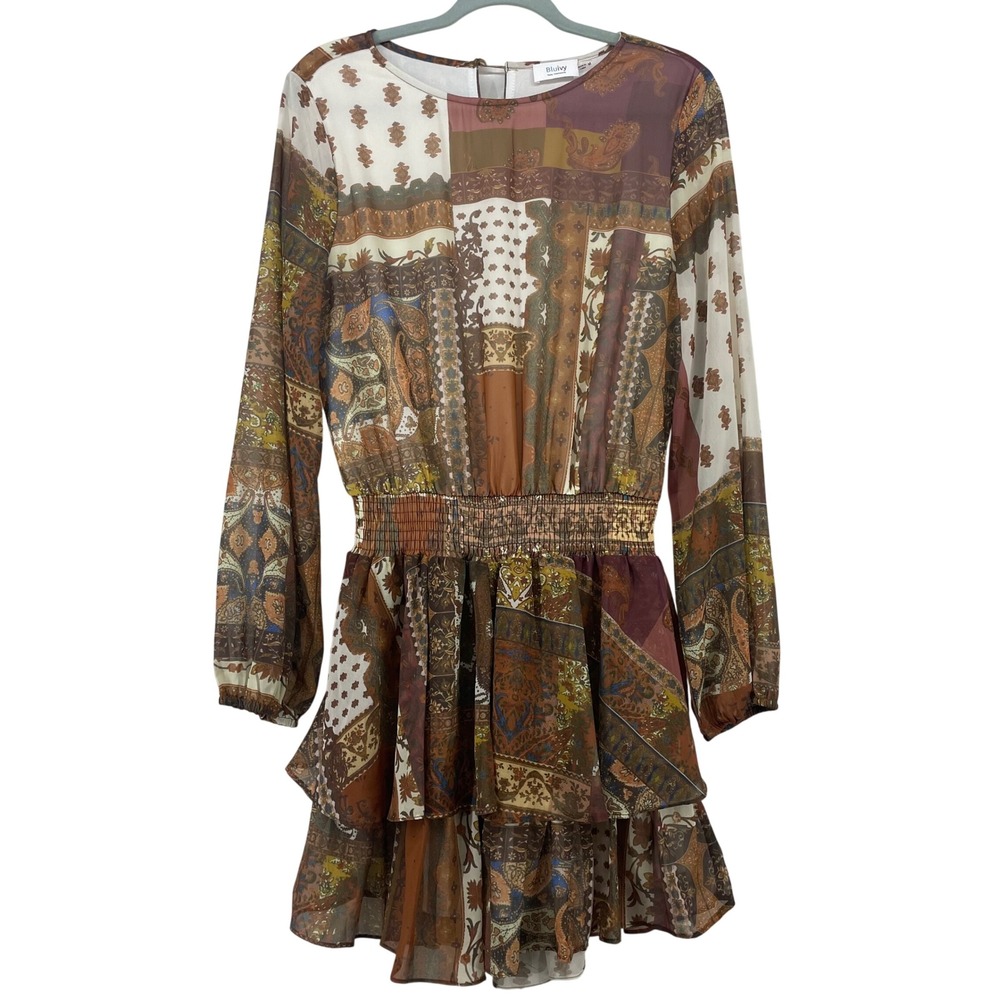 Bluivy Size M Mini Dress Brown Patchwork Paisley Smocked Tiered Ruffle Womens